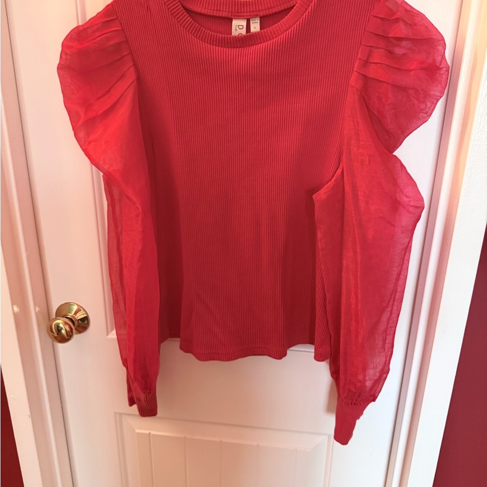 Dolan Red Blouse with Sheer Sleeves